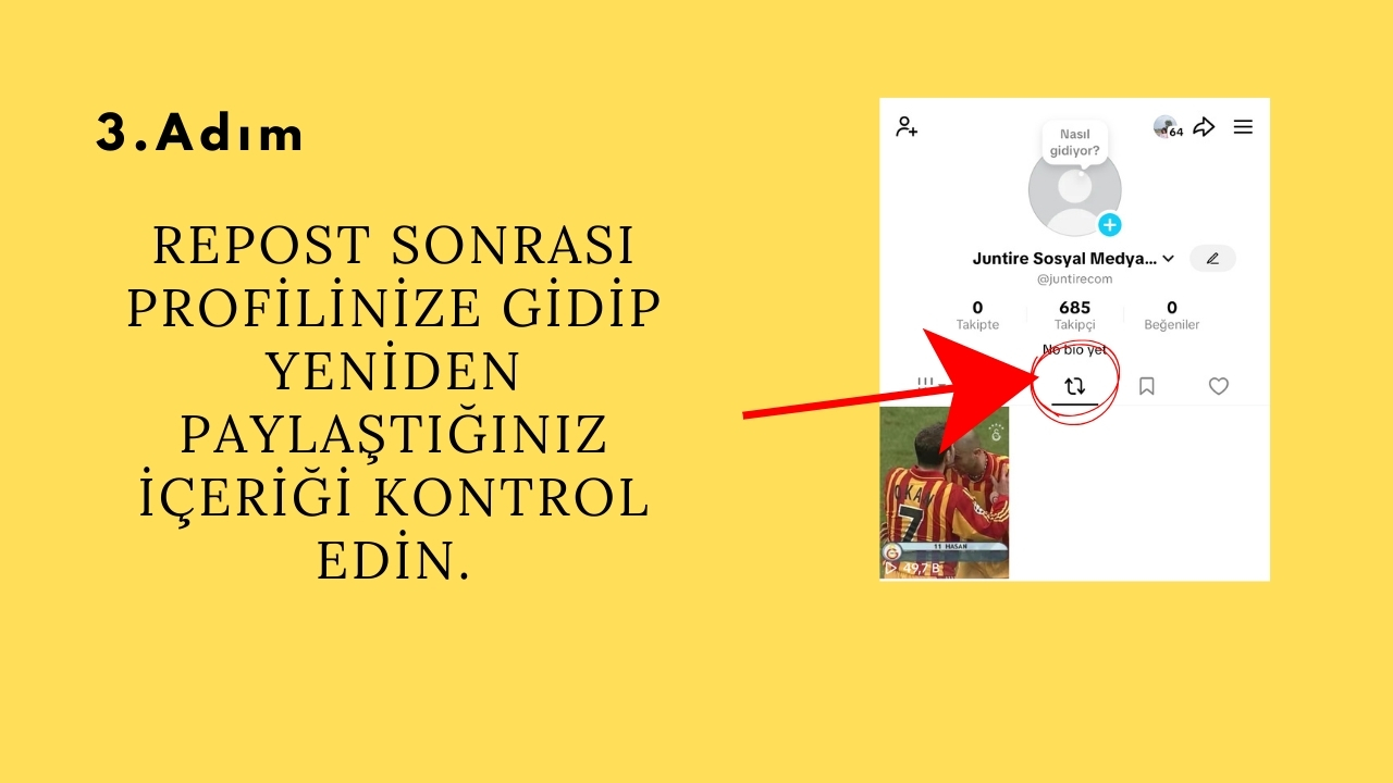 Yapılan bu işlem sonrasında profilinizde "repost alanında" yeniden paylaş yaptığınız içerik aşağıdaki görseldeki gibi görünecektir. 